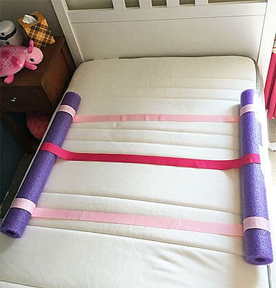 Pool Noodle Bed Edge Bumpers for Kids, from Baby Needs, via pinterest 