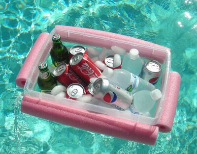 Noodley Beverage Boat, from Instructables.com, made from a plastic storage box, string, and a pool noodle